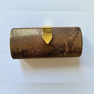 Banana Republic Cow Leather Small Hard Case Clutch Brown snake skin pattern